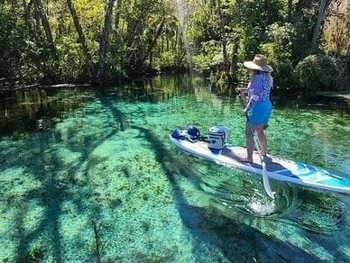 Paddleboarding on crystal-clear water of Silver Springs