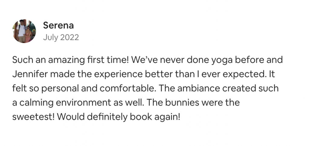 5 star review of bunny yoga experience