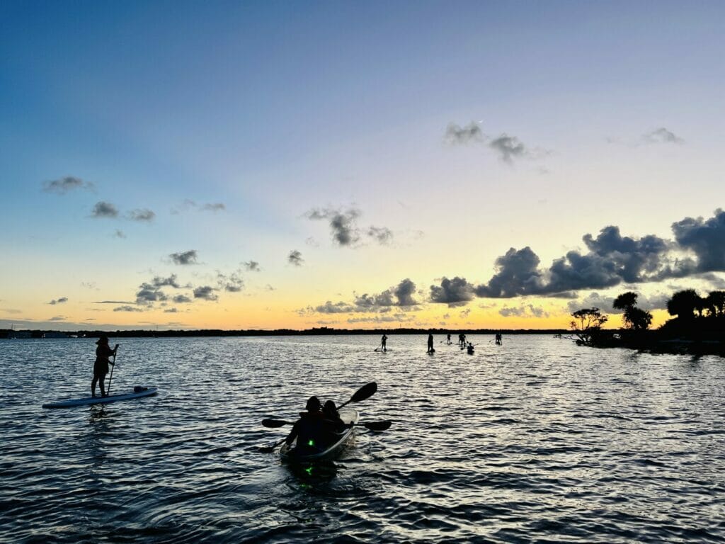 Paddleboard and Kayak Tour enjoying a beautiful sunset.