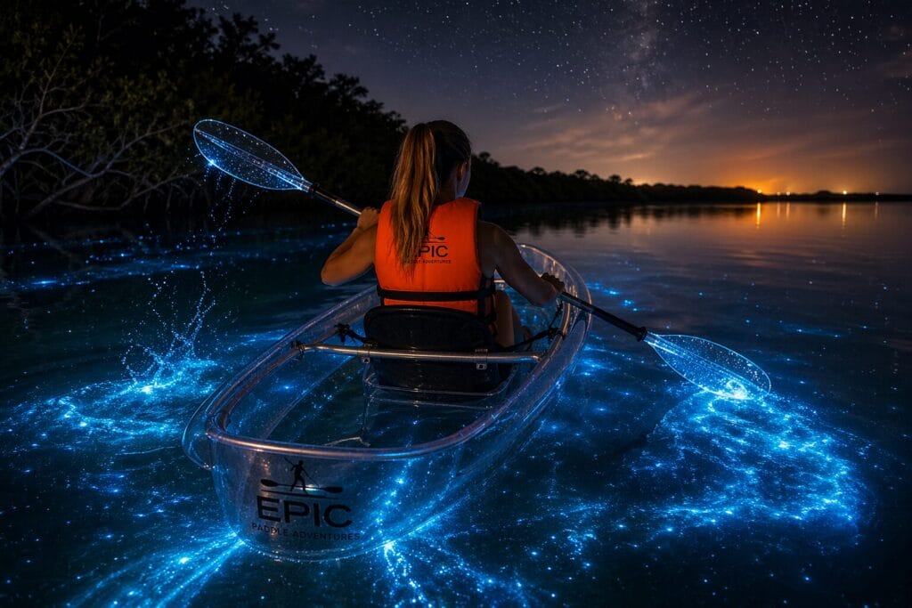 Sunset to bioluminescence clear kayak experience