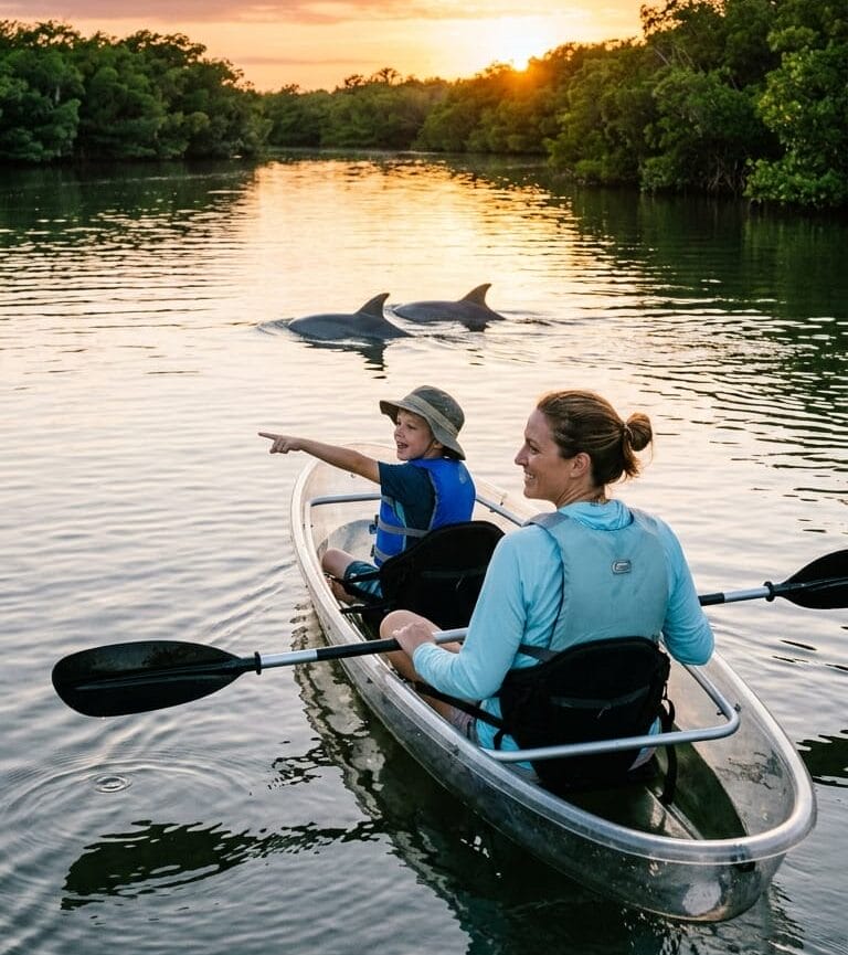 Clear kayak dolphin tour at sunset near Orlando Florida with guests paddling on calm water