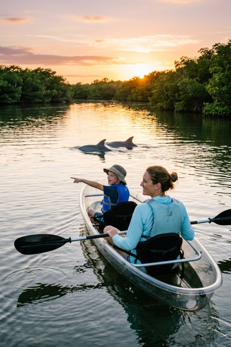 Family enjoying a clear kayak dolphin tour at sunset in the Indian River Lagoon near Orlando Florida